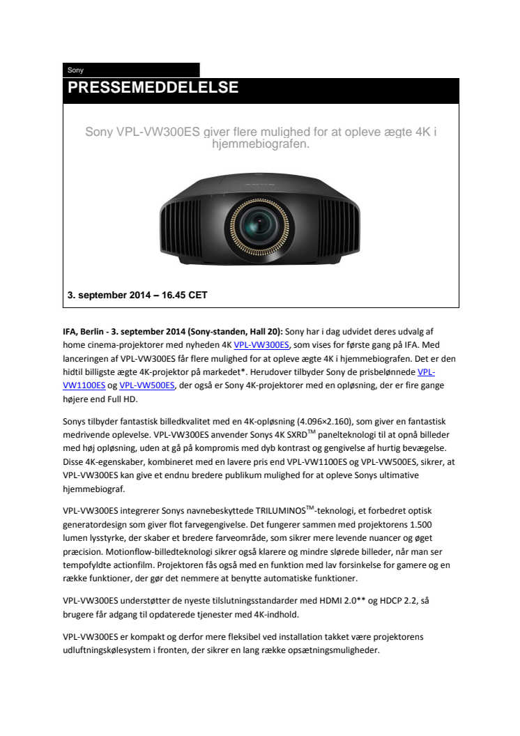 Sony VPL-VW300ES giver flere mulighed for at opleve ægte 4K i hjemmebiografen