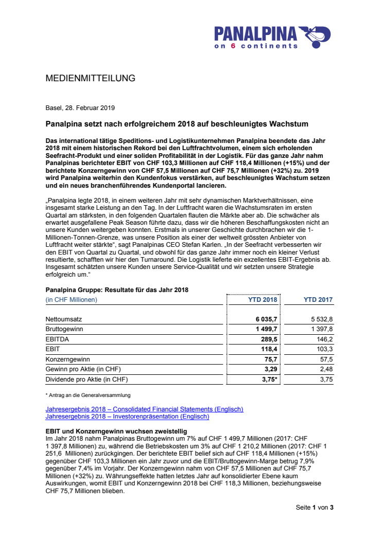 Panalpina setzt nach erfolgreichem 2018 auf beschleunigtes Wachstum