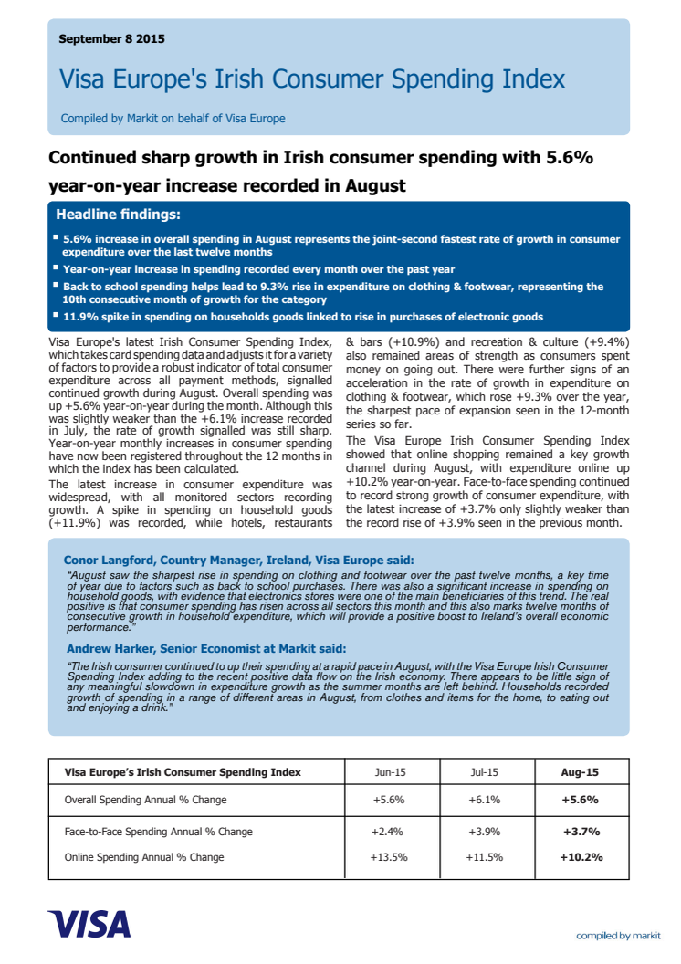 Visa Europe's Irish Consumer Spending Index - 8 September 2015