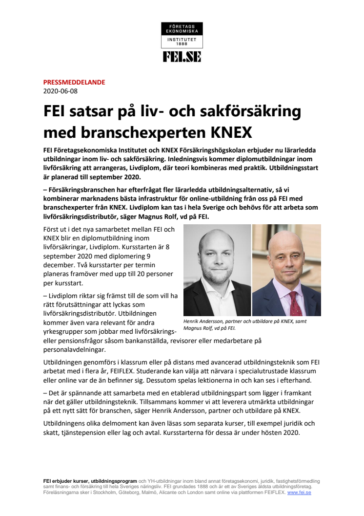 FEI satsar på liv- och sakförsäkring med branschexperten KNEX