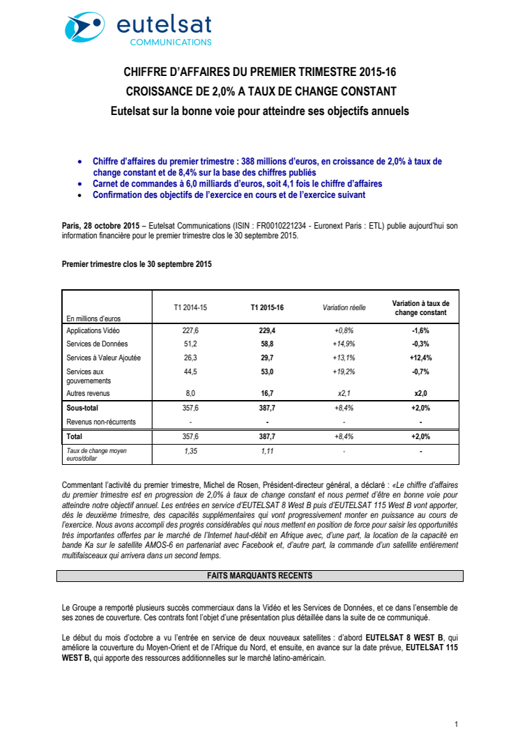 CHIFFRE D’AFFAIRES DU PREMIER TRIMESTRE 2015-16 