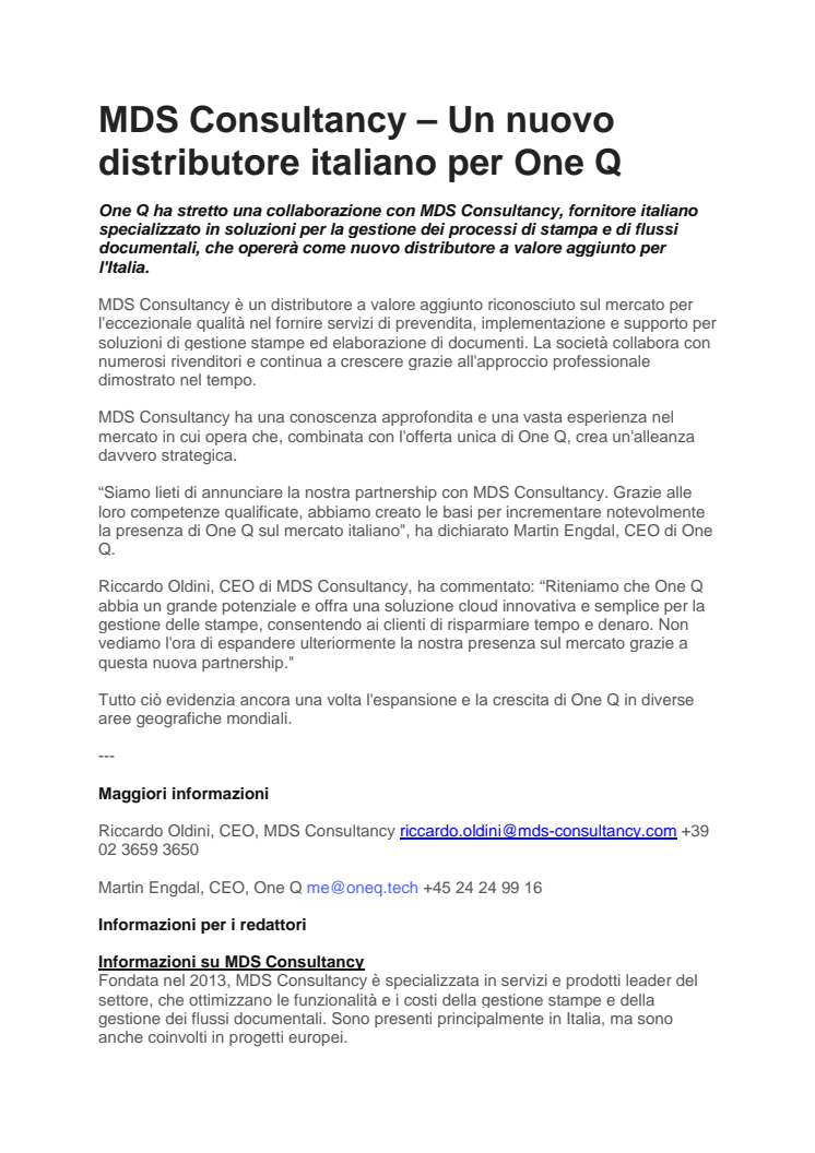 MDS Consultancy – A new Italian VAD for One Q Technologies 