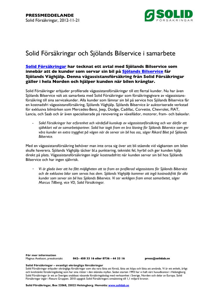 Solid Försäkringar och Sjölands Bilservice i samarbete