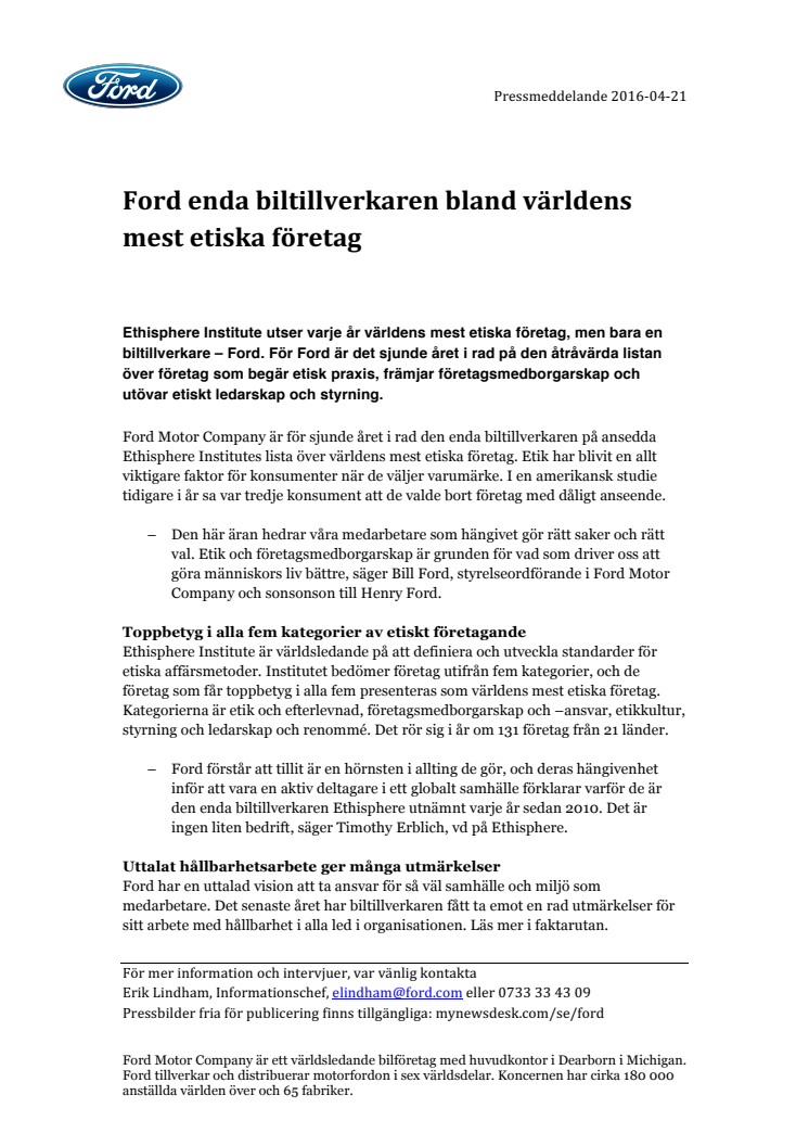 Ford enda biltillverkaren bland världens mest etiska företag
