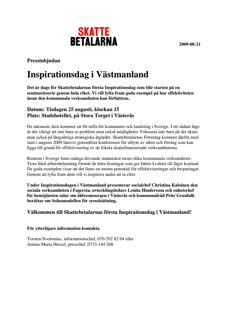 Pressinbjudan: Inspirationsdag i Västmanland