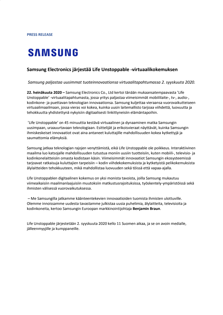 Samsung Electronics järjestää Life Unstoppable -virtuaalikokemuksen