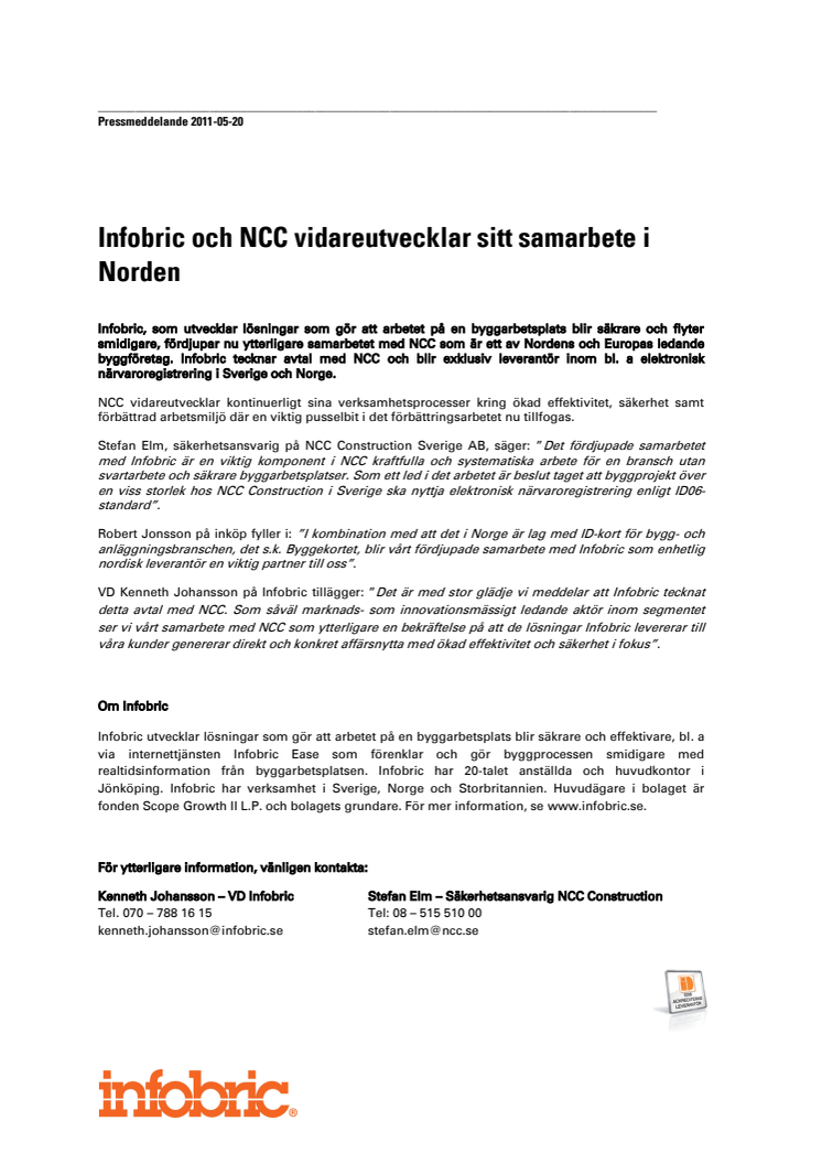Infobric och NCC vidareutvecklar sitt samarbete i Norden