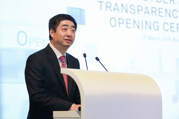 Ken Hu, Rotating Chairman för Huawei, vid tisdagens invigning av Cyber Security Transparency Centre i Bryssel 2019-03-05.
