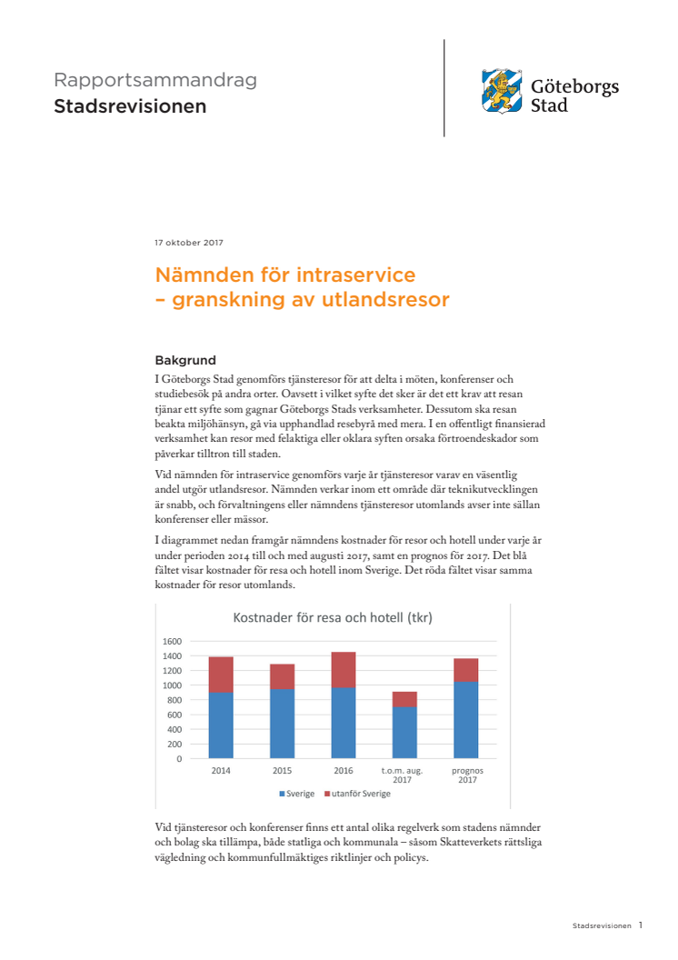 Sammandrag. Nämnden för Intraservice – granskning av utlandsresor (2017-10-17)