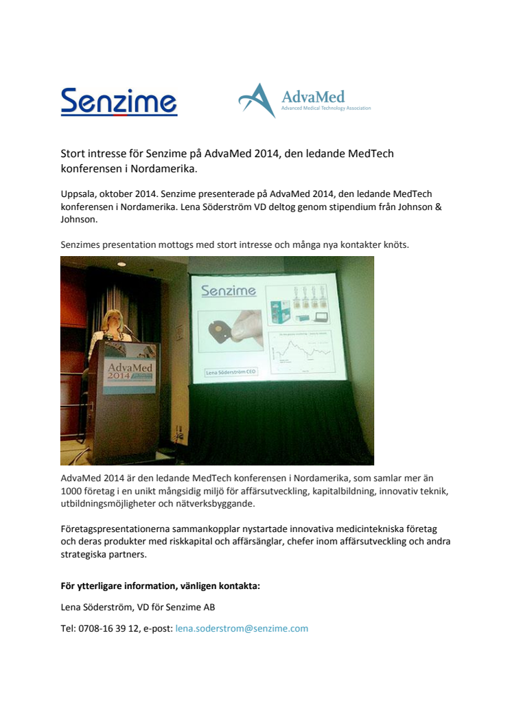 Stort intresse för Senzime på AdvaMed 2014, den ledande MedTech konferensen i Nordamerika