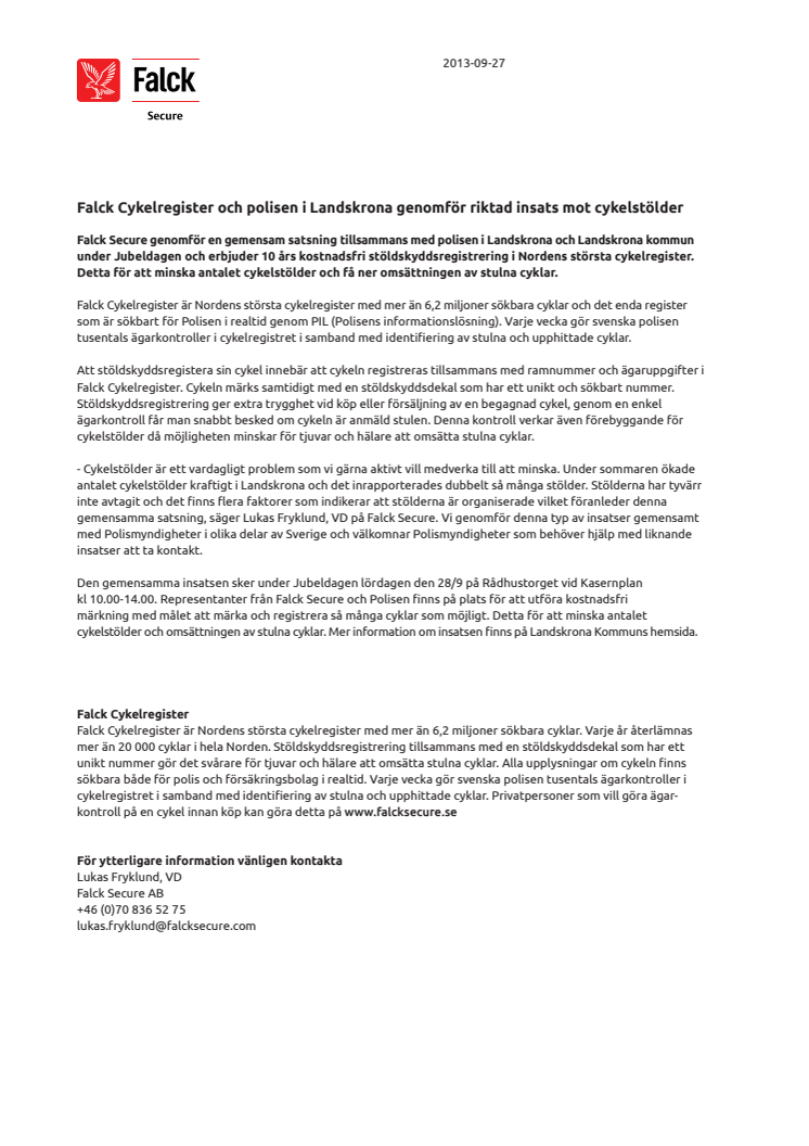Falck Cykelregister och polisen i Landskrona genomför riktad insats mot cykelstölder 