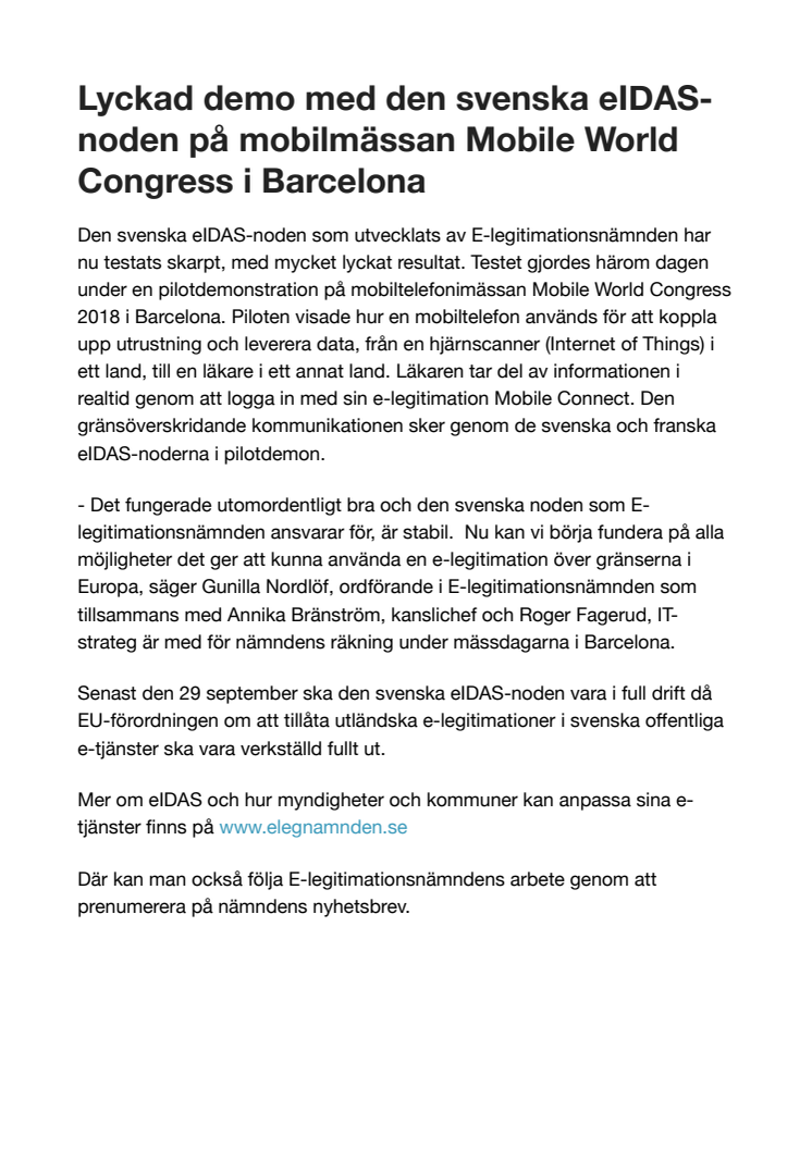 Lyckad demo med den svenska eIDAS-noden på mobilmässan Mobile World Congress i Barcelona