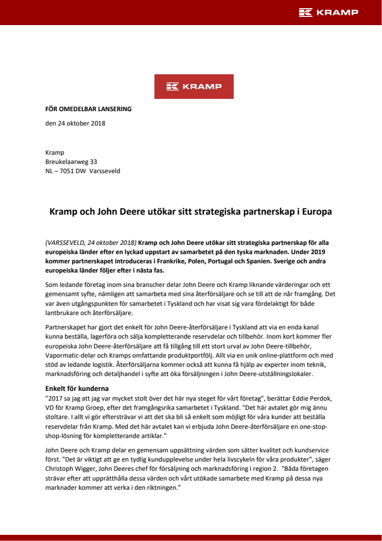 Kramp och John Deere utökar sitt strategiska partnerskap i Europa