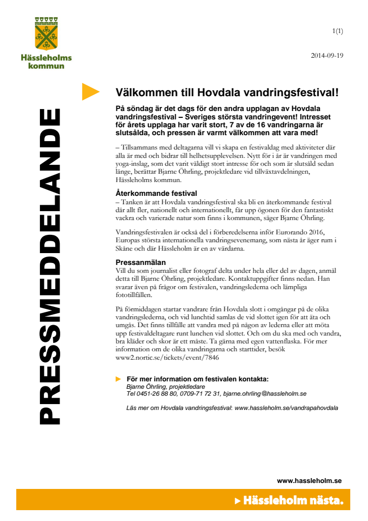 Pressinbjudan - Välkommen till Hovdala vandringsfestival!