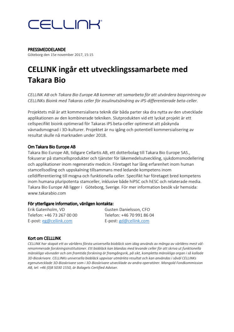 CELLINK ingår ett utvecklingssamarbete med Takara Bio