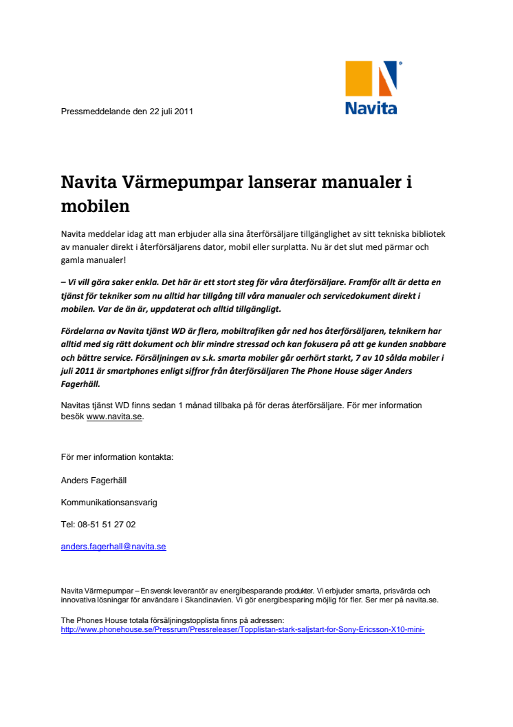 Navita Värmepumpar lanserar manualer i mobilen