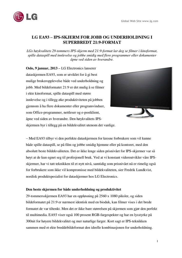 LG EA93 – IPS-SKJERM FOR JOBB OG UNDERHOLDNING I SUPERBREDT 21:9-FORMAT