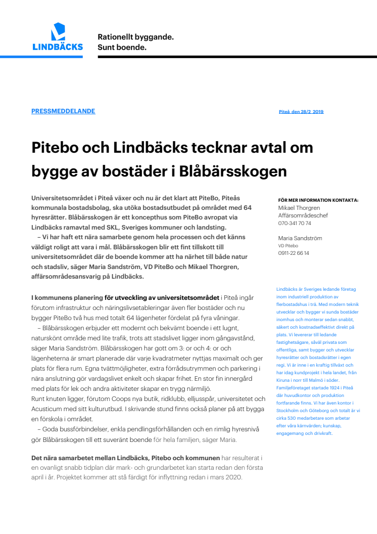 PiteBo och Lindbäcks tecknar avtal om bygge av bostäder i Blåbärsskogen
