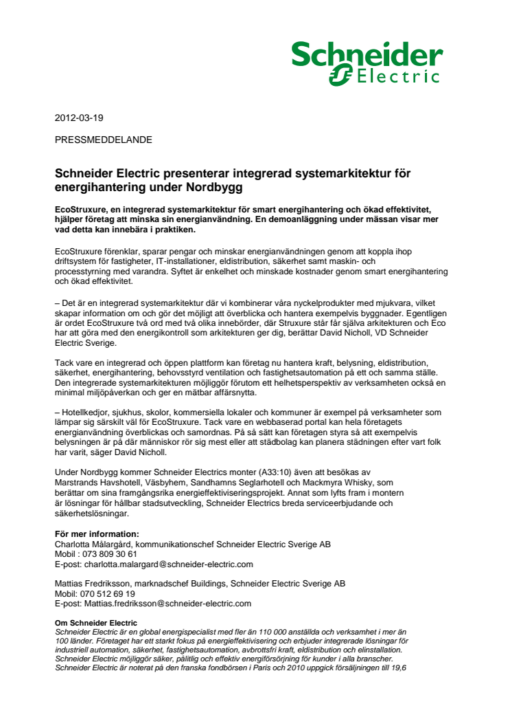 Schneider Electric presenterar integrerad systemarkitektur för energihantering under Nordbygg