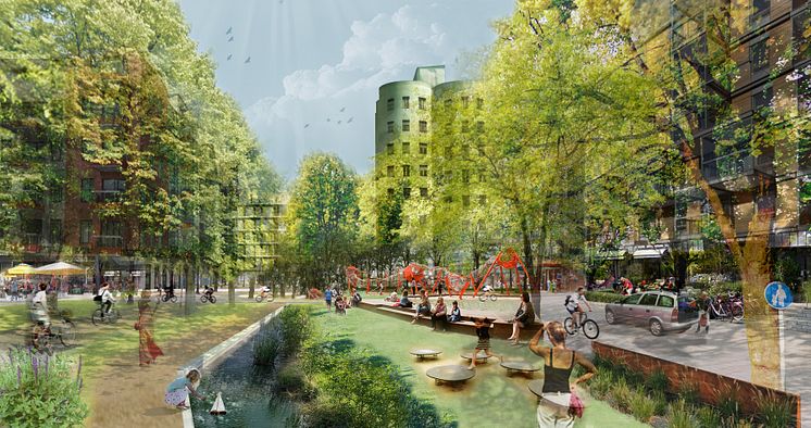 Jörgen Kocksgatan omvandlas till ett grönt stråk med plats för sport, lek och avkoppling. 