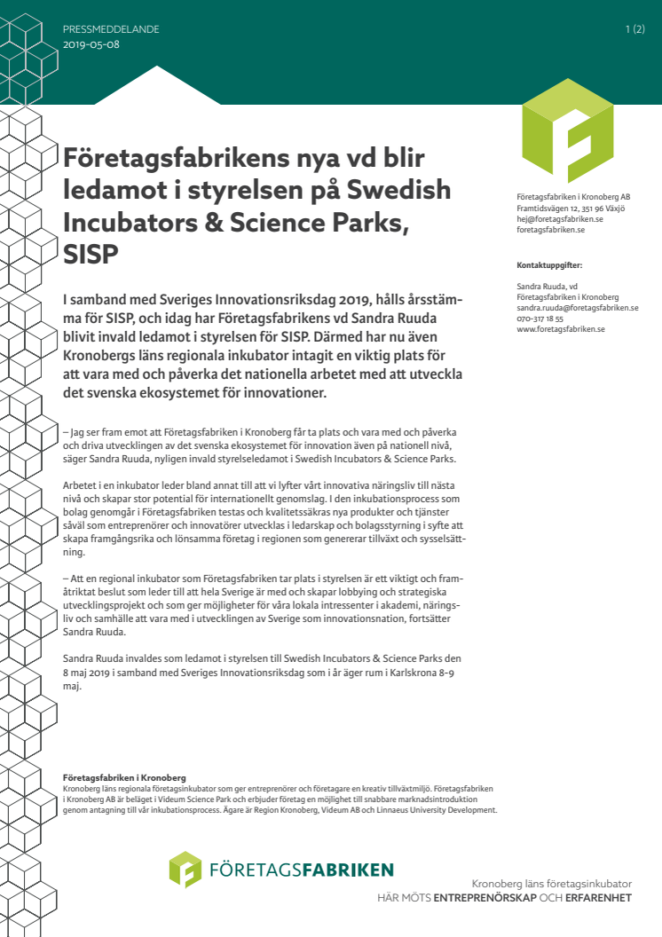 Företagsfabrikens nya vd blir ledamot i styrelsen på Swedish Incubators & Science Parks, SISP