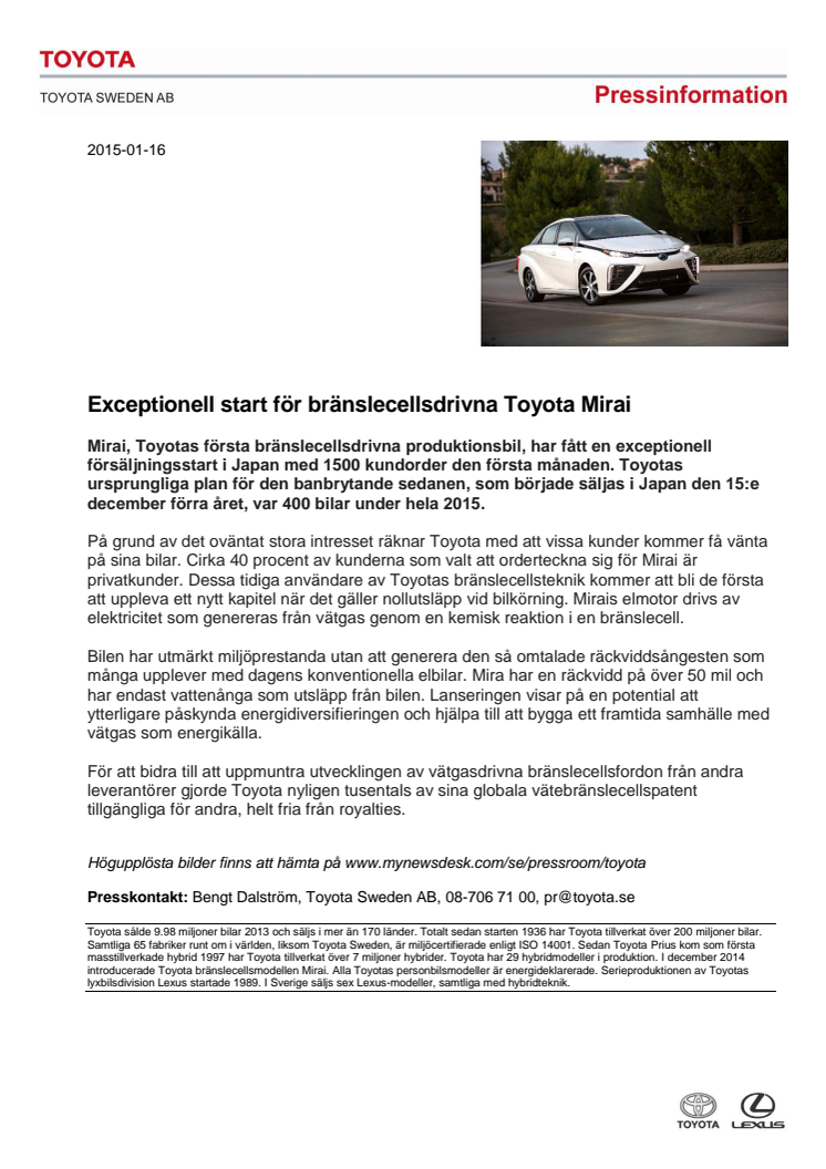 Exceptionell start för bränslecellsdrivna Toyota Mirai