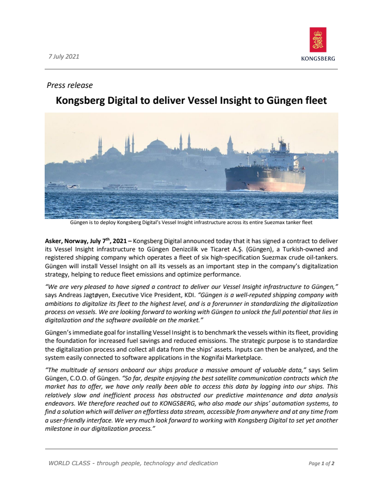 Kongsberg Digital to deliver Vessel Insight to Güngen fleet