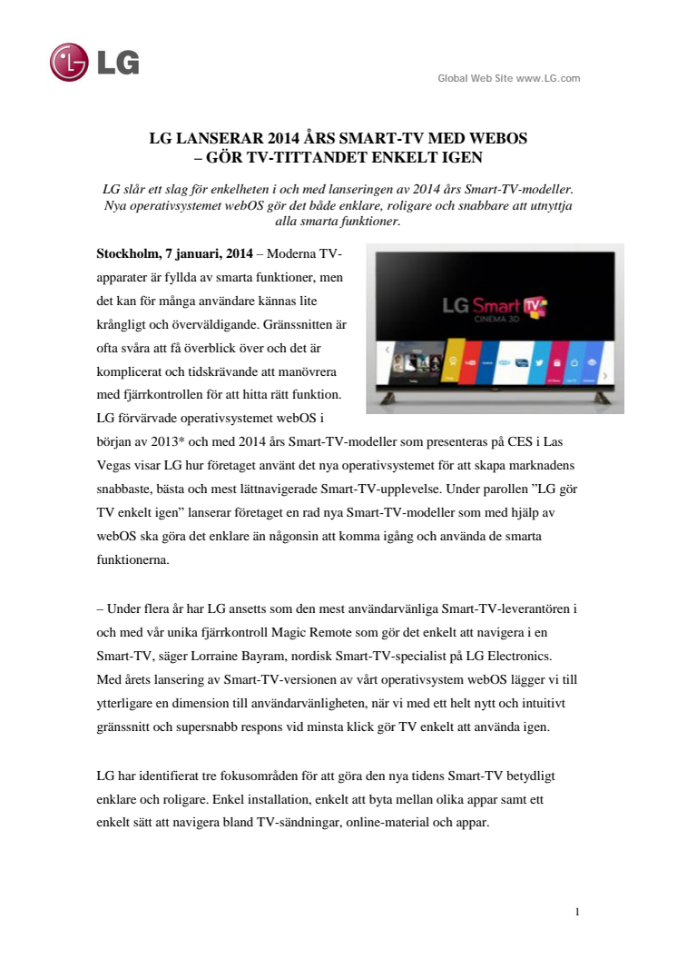LG LANSERAR 2014 ÅRS SMART-TV MED WEBOS  – GÖR TV-TITTANDET ENKELT IGEN