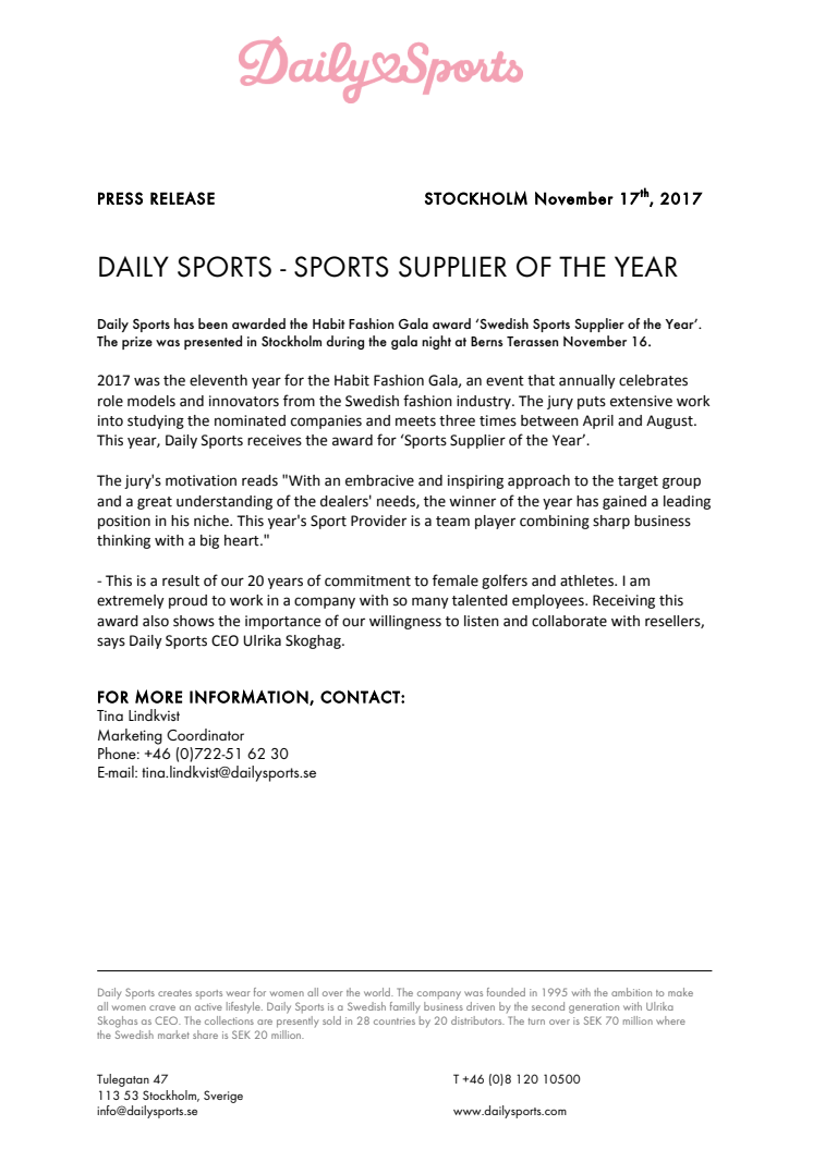 DAILY SPORTS - SPORTS SUPPLIER OF THE YEAR