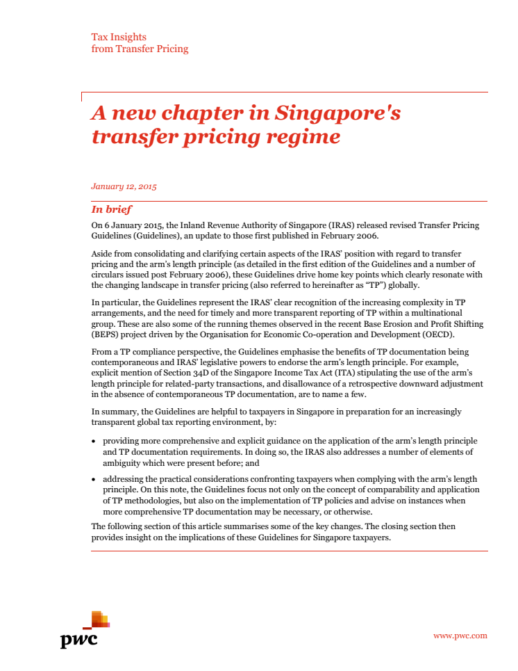 A new chapter in Singapore's transfer pricing regime