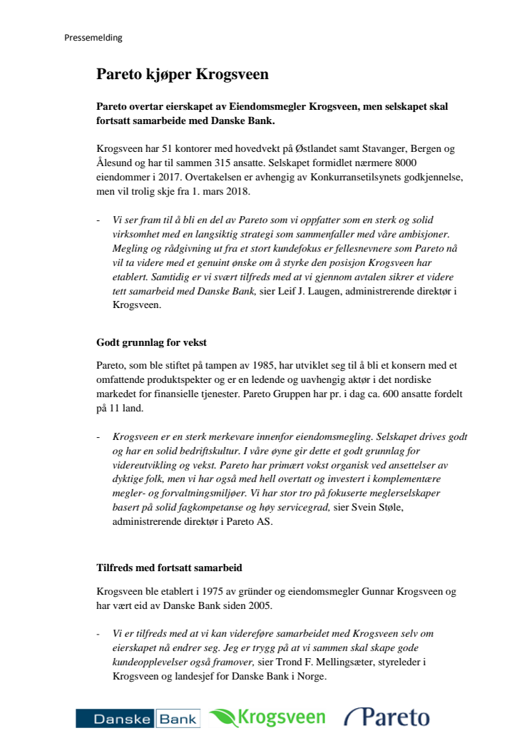 Pareto kjøper Krogsveen
