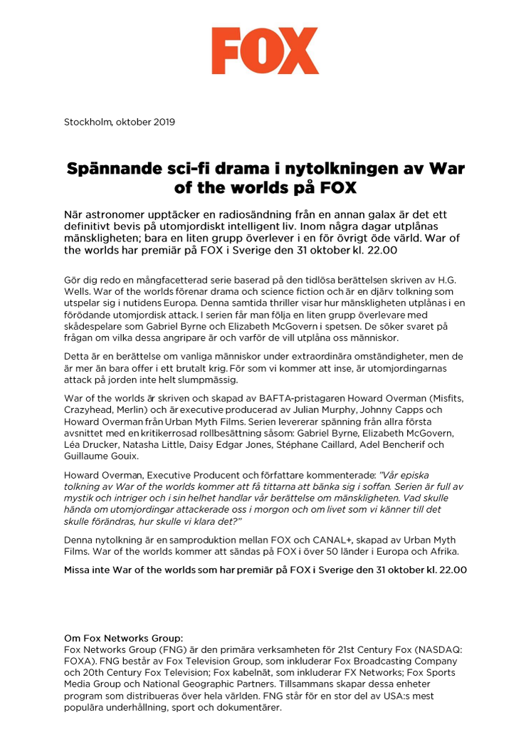Spännande sci-fi drama i nytolkningen av War of the worlds på FOX
