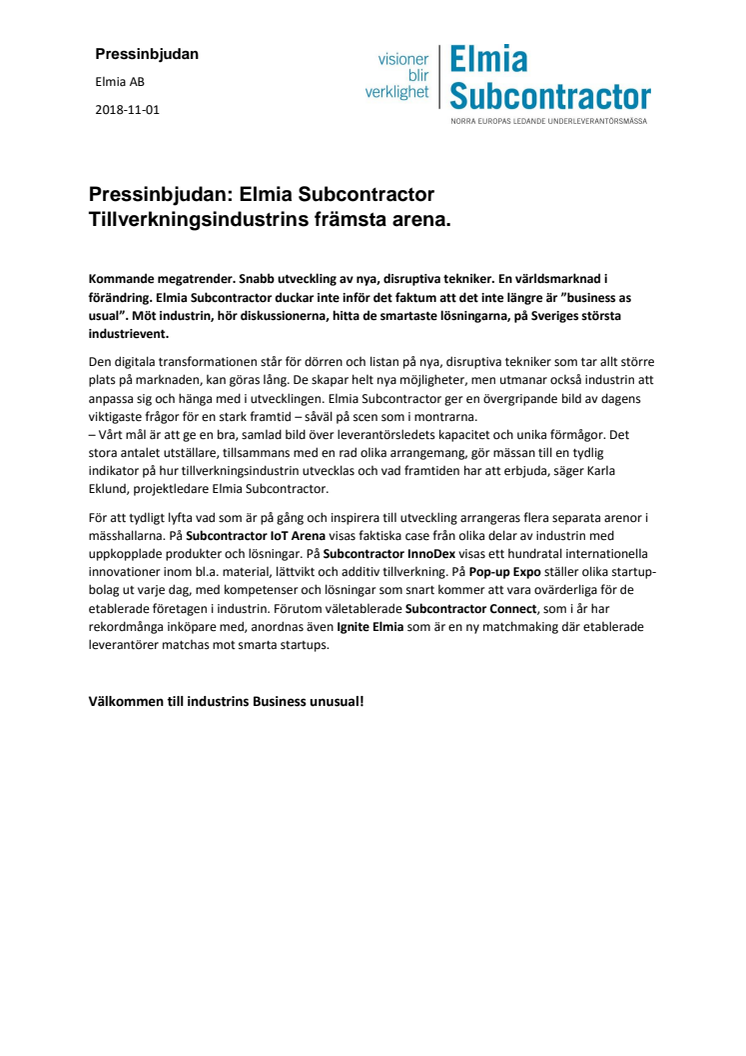 Pressinbjudan: Elmia Subcontractor Tillverkningsindustrins främsta arena.