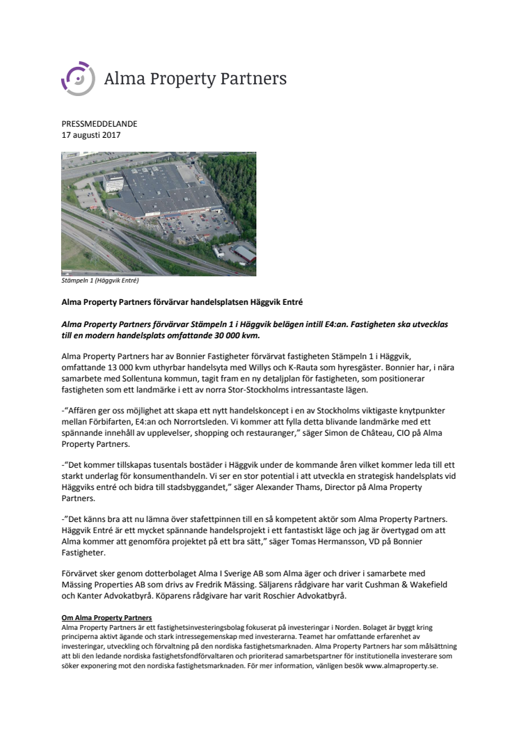 Alma Property Partners förvärvar handelsplatsen Häggvik Entré