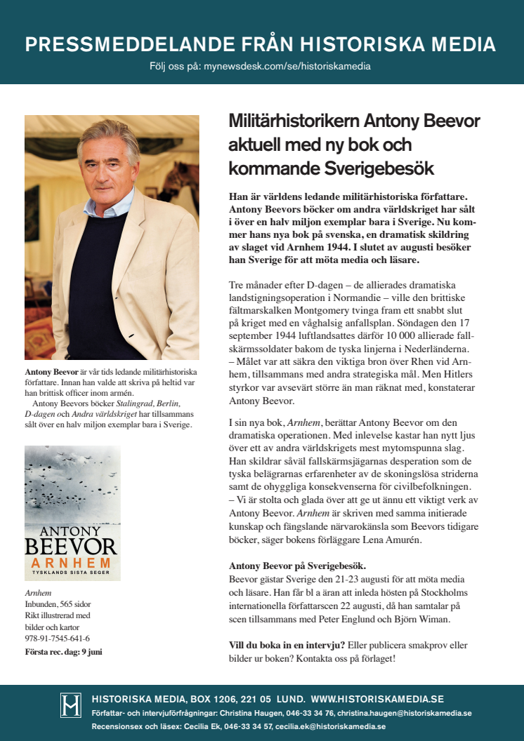 Militärhistorikern Antony Beevor  aktuell med ny bok och  kommande Sverigebesök