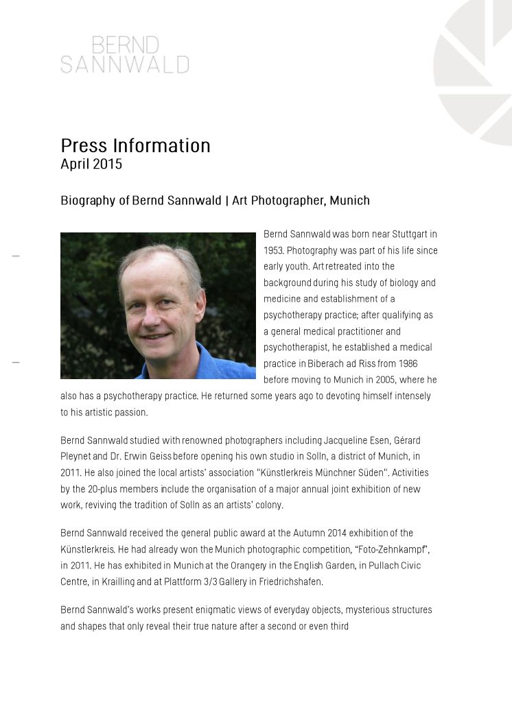 Biography of Bernd Sannwald | Art Photographer, Munich