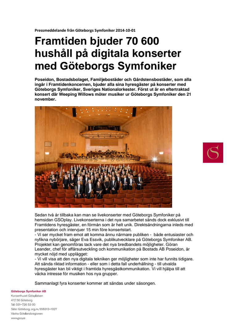 Framtiden bjuder 70 600 hushåll på digitala konserter med Göteborgs Symfoniker