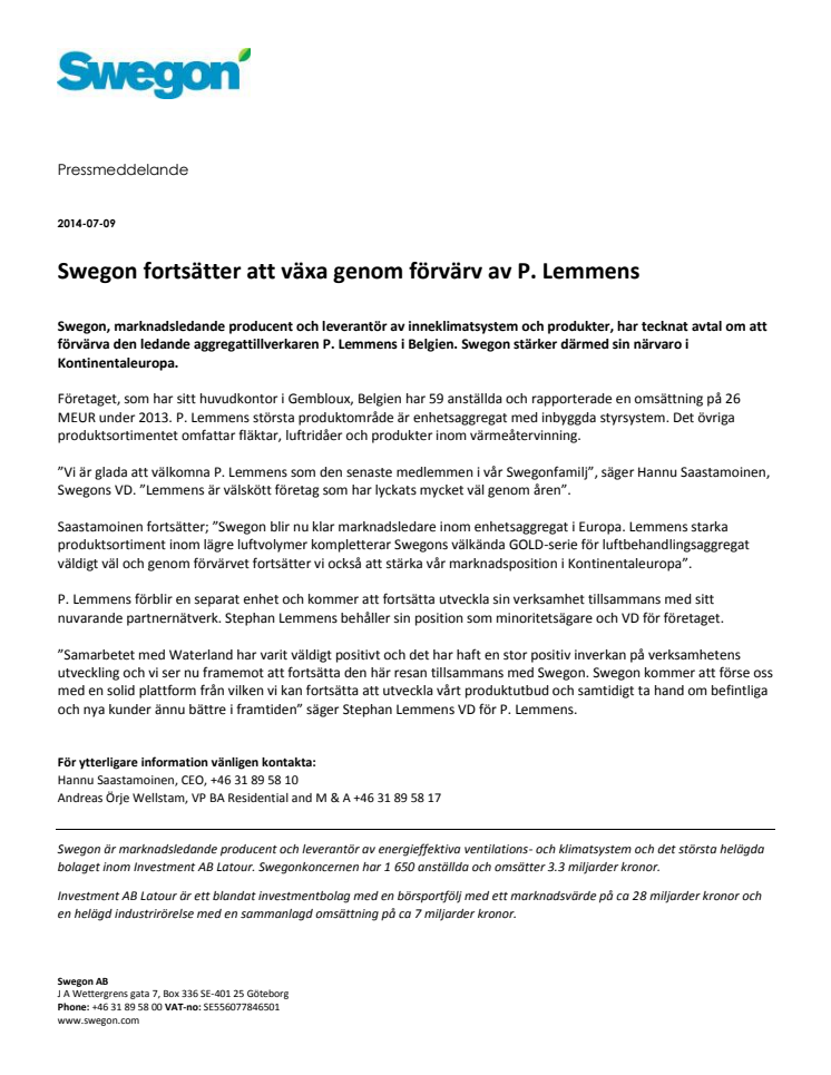 Swegon fortsätter att växa genom förvärv av P. Lemmens