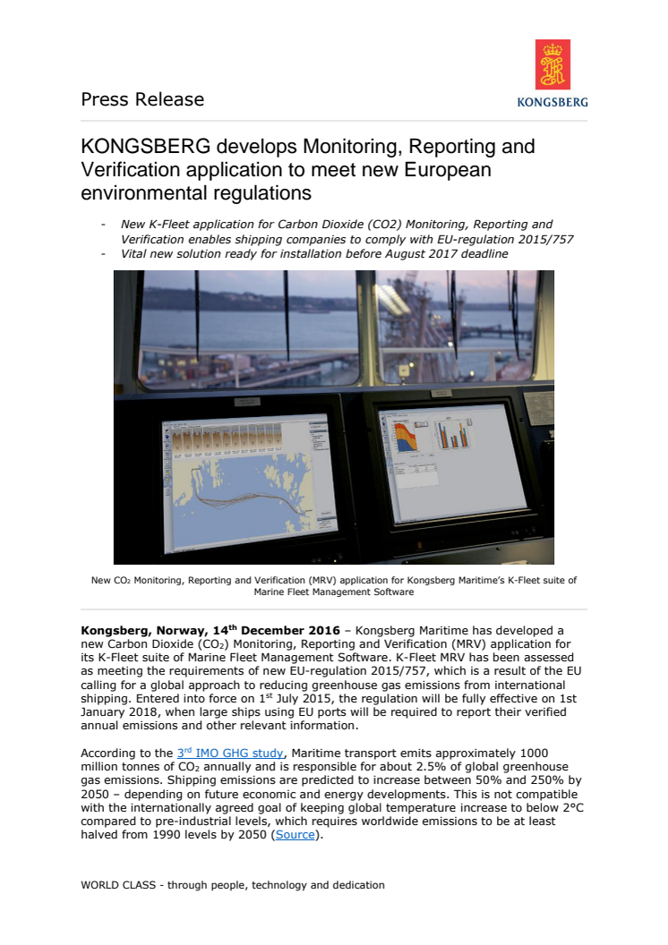 Kongsberg Maritime: KONGSBERG develops Monitoring, Reporting and Verification application to meet new European environmental regulations