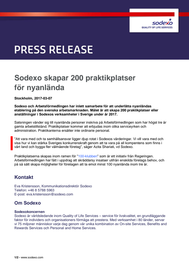 Sodexo skapar 200 praktikplatser för nyanlända