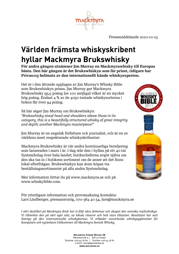 Världen främsta whiskyskribent hyllar Mackmyra Brukswhisky