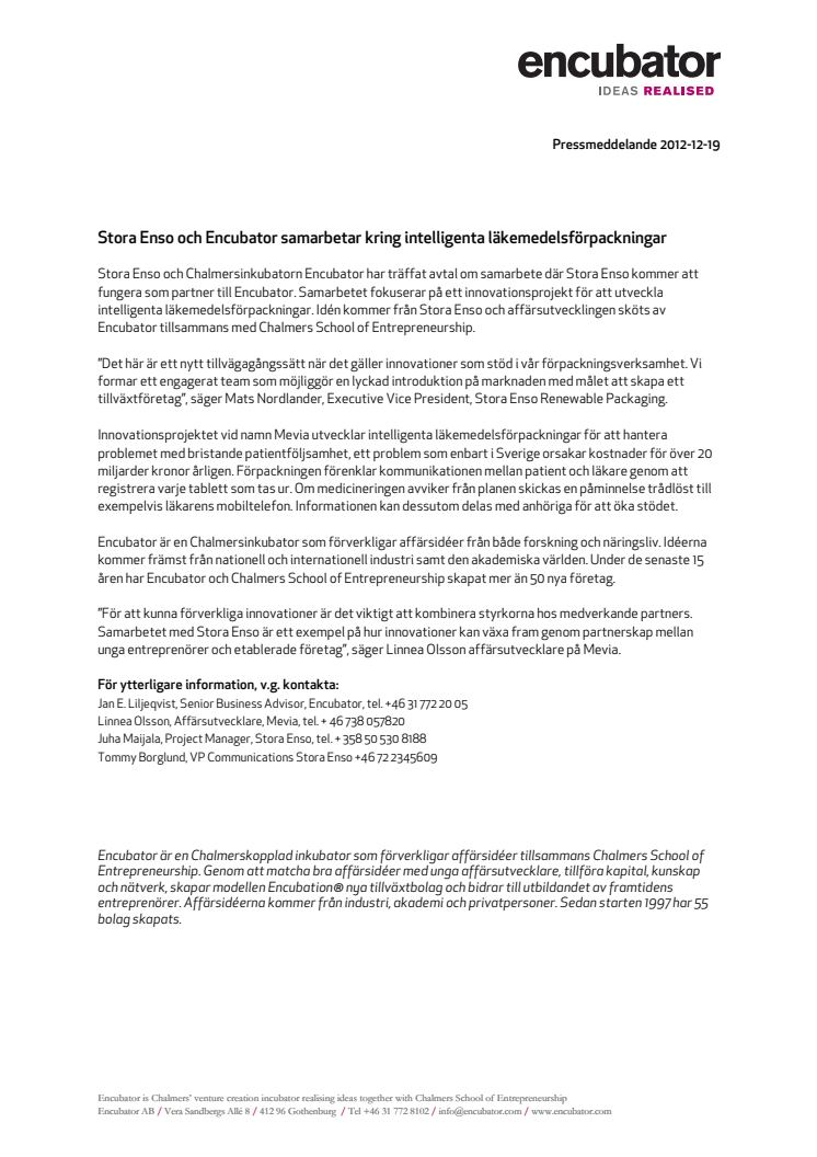 Stora Enso och Encubator samarbetar kring intelligenta läkemedelsförpackningar