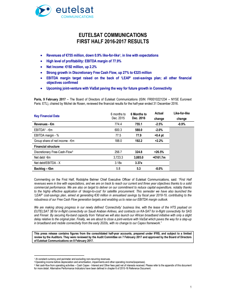 EUTELSAT COMMUNICATIONS  FIRST HALF 2016-2017 RESULTS 