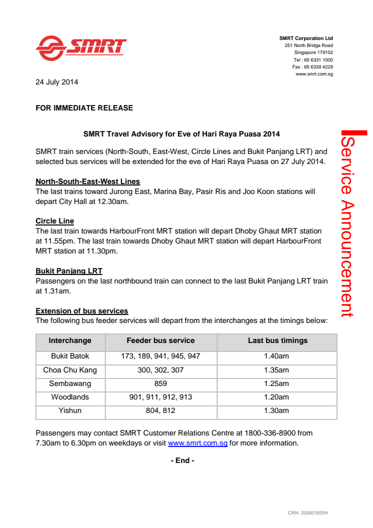 SMRT Travel Advisory for Eve of Hari Raya Puasa 2014