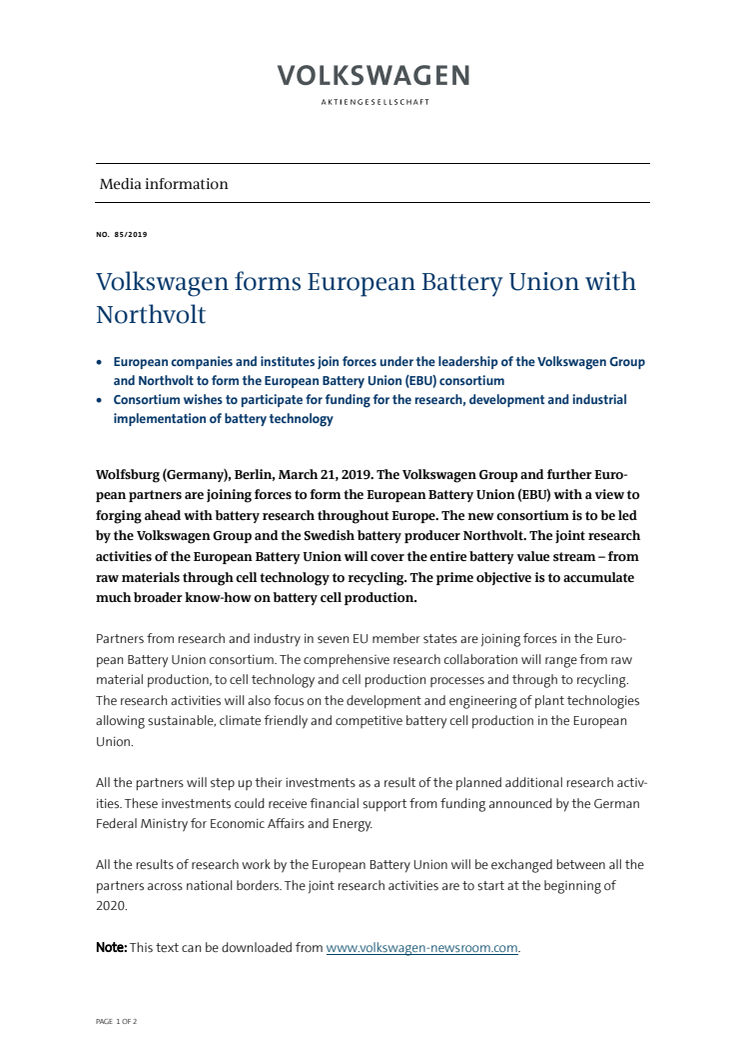 Volkswagen bildar European Battery Union med svenska Northvolt