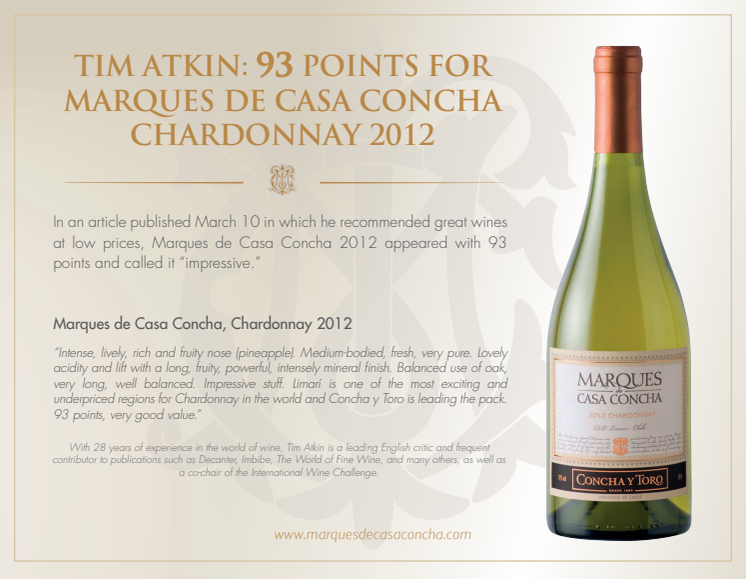 Tim Atkin rekommenderar Marques de Casa Concha Chardonnay 2012