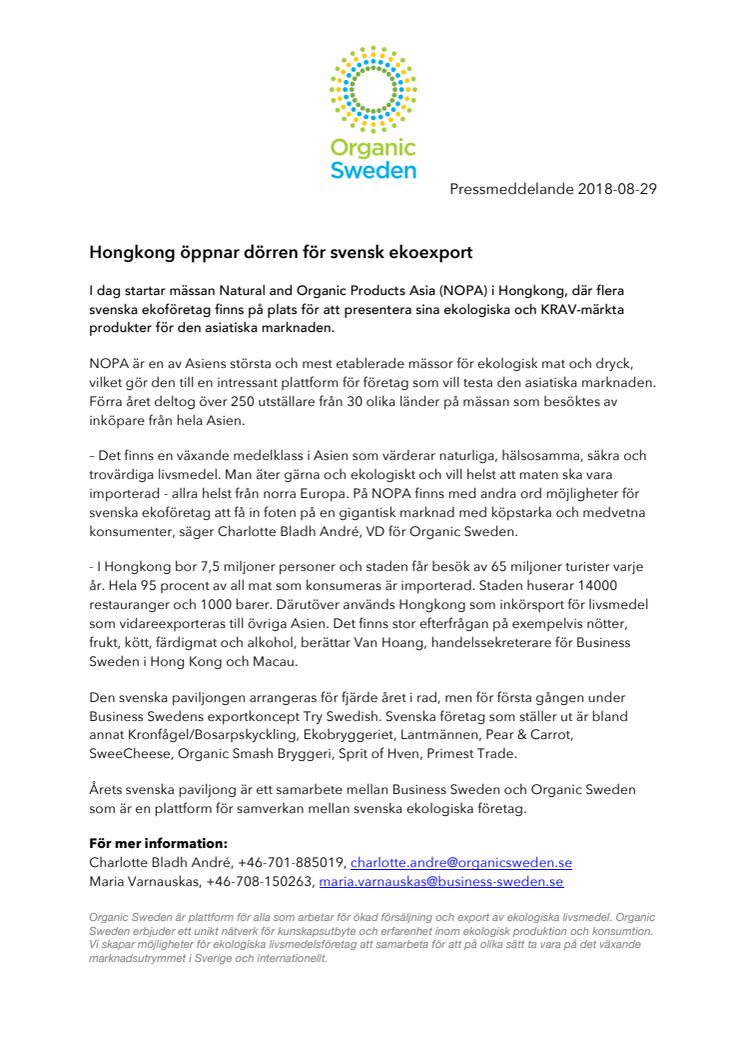 Hongkong öppnar dörren för svensk ekoexport