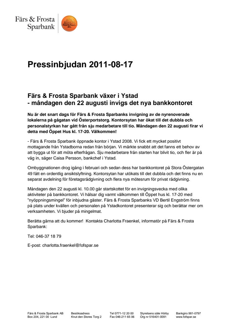 Färs & Frosta Sparbank växer i Ystad 