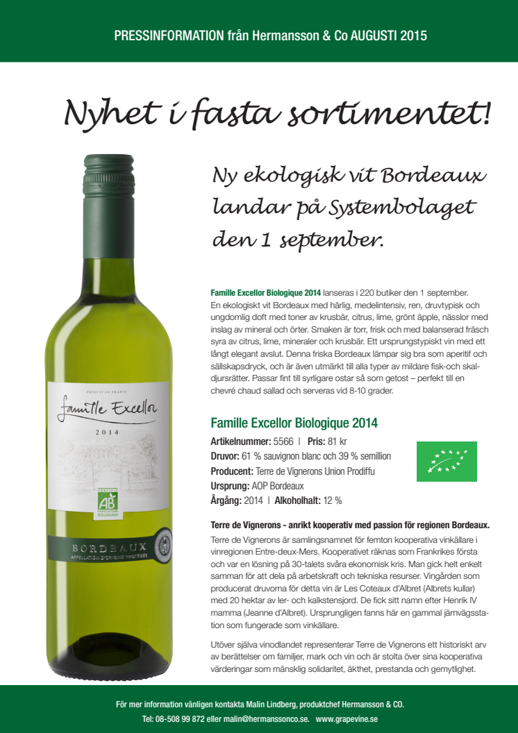Ny ekologisk vit Bordeaux lanseras på Systembolaget den 1 september!