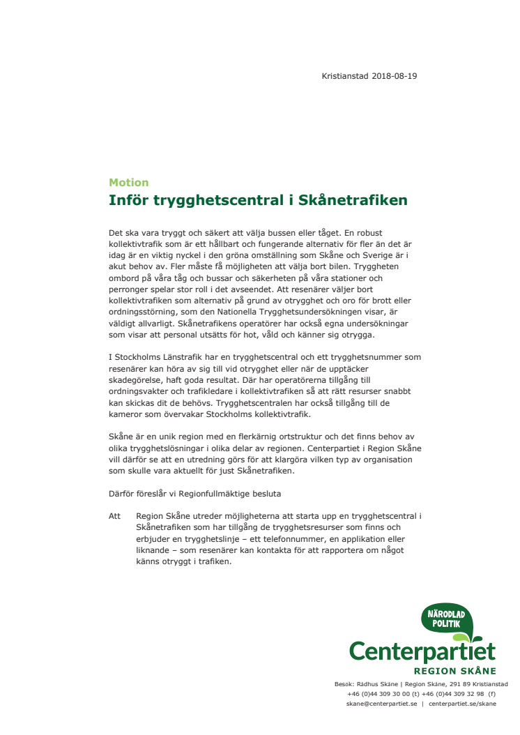 Motion: Inför trygghetscentral i Skånetrafiken